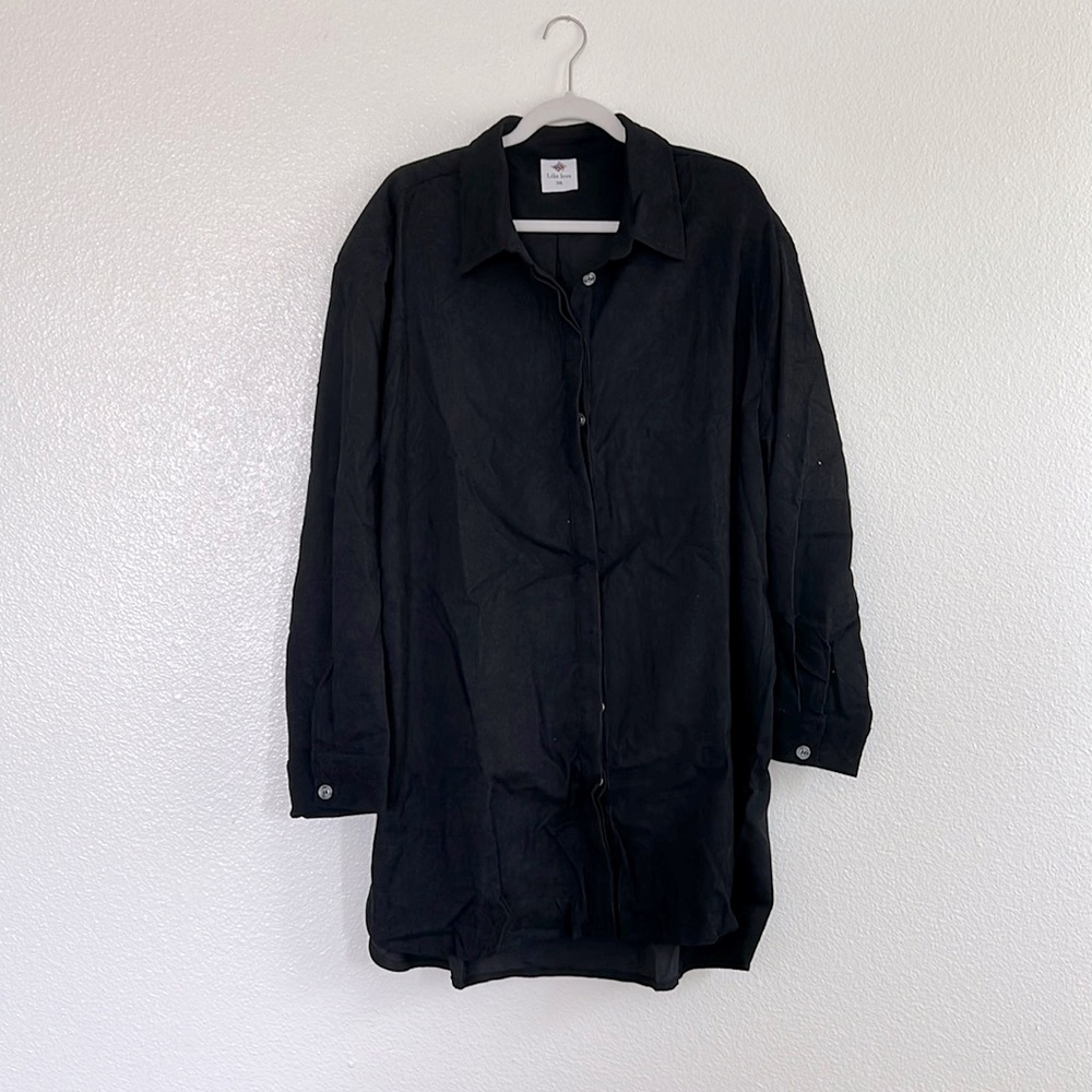 Lightweight Black Button Down Tunic Length Top, S… - image 1